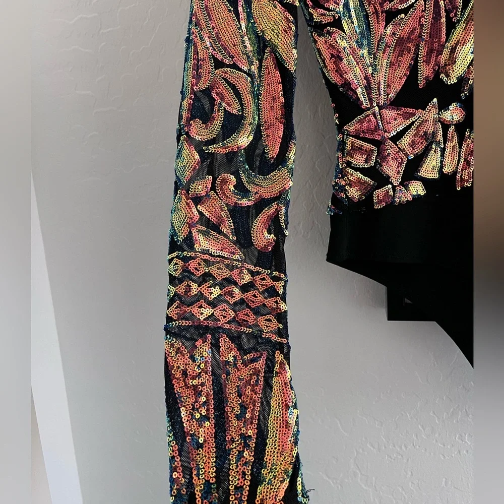 AKIRA Elegant Sequin Long Sleeve Mesh Bodysuit Top size Large - Picture 4 of 10